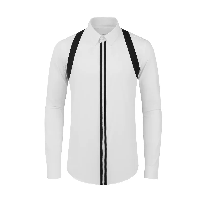

European and American shoulder contrasting color front placket woven belt decoration yuppie long sleeved men's shirt