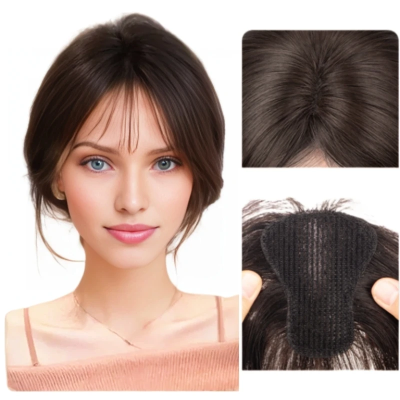 Replacement Magic Paste Human Hair Toppers Center Parting French Bangs for Women No Need Clips Hook and Loop Fluffy Hair Patches