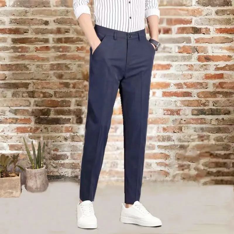 Pantalones rectos de oficina para hombre, ropa de primavera, verano, Otoño, temperamento guapo, bolsillos de Color sólido, cremallera con botones,