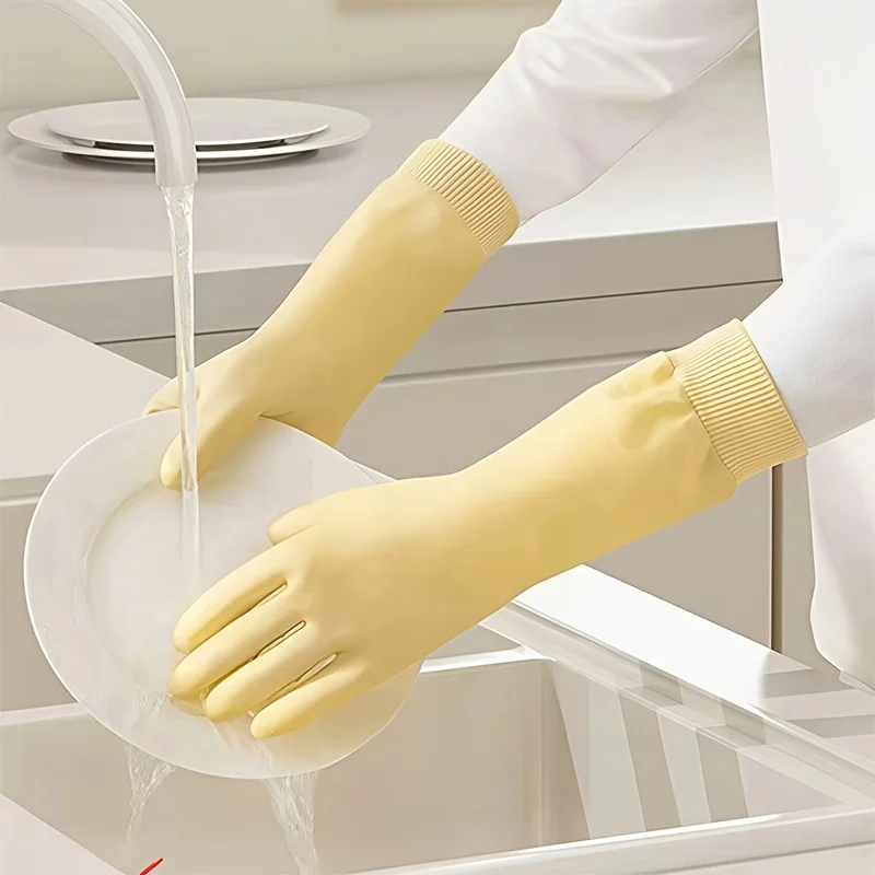 One pair Thick PVC Kitchen Cleaning Gloves, Elastic Cuff with Hooks, Multi-Purpose Bathroom Laundry Gloves