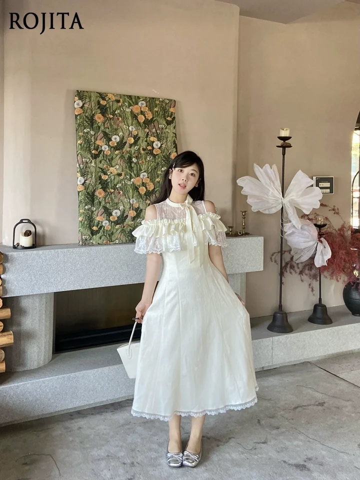 

Gentle and Sweet Long Dress Summer New Lace Lotus Leaf Sleeve Butterfly Collar Sexy Off-the-shoulder Solid Color Dress Women