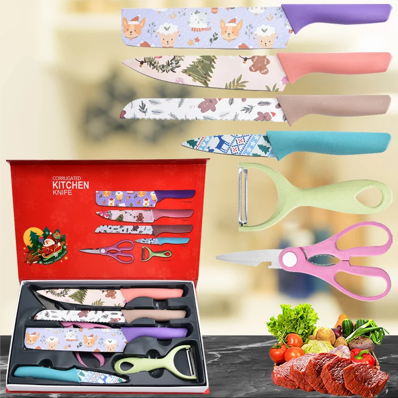 6pcs Stainless Steel Kitchen Knife and Scissors Set Household Meat Cleaver Chef Knife Sharp Bread Knife Kitchen Scissors