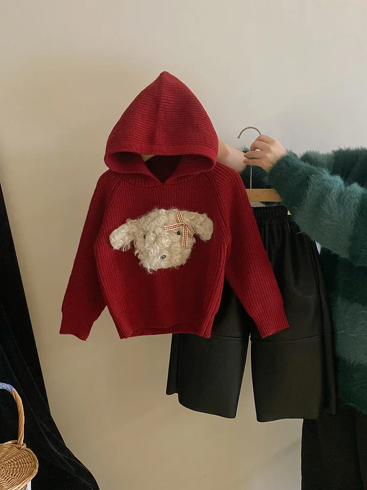 

Cartoon Autumn Winter New Set Girls Cartoon Puppy Hooded Knit Sweater Fleece Warm Leather Pants