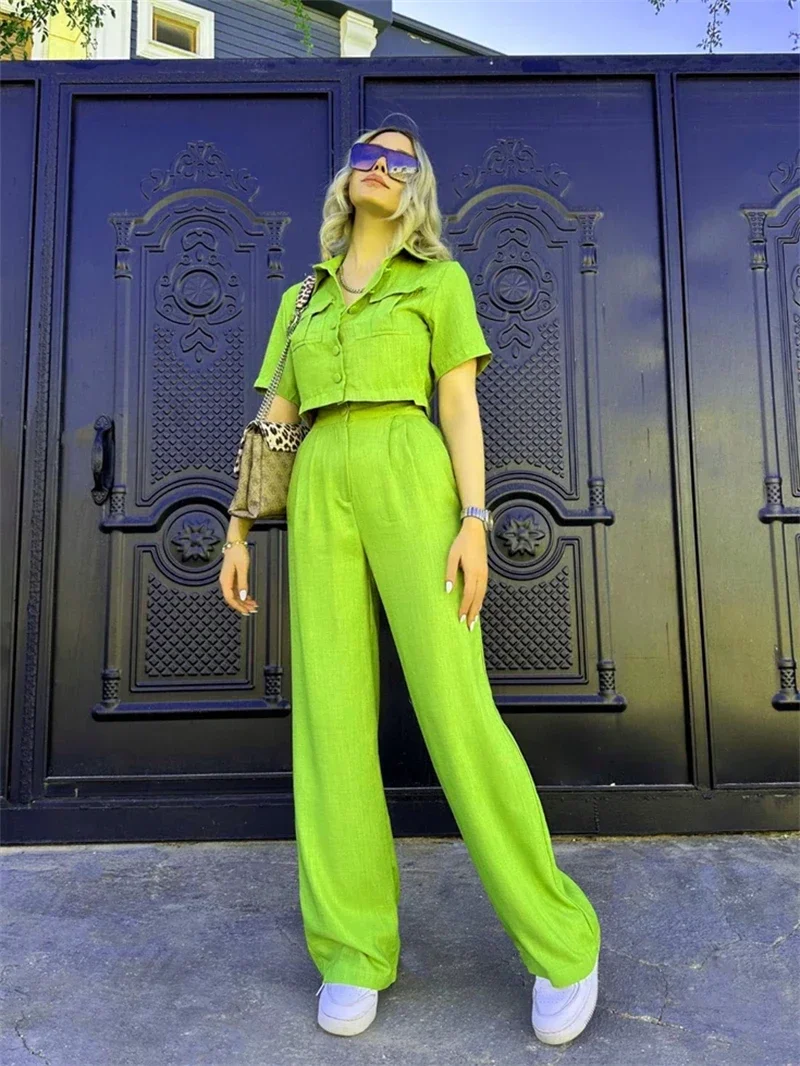 여성용 반팔 셔츠 상의 및 바지 세트, 캐주얼 운동복 세트, 패션 2 피스 세트, 2024 여름 의류