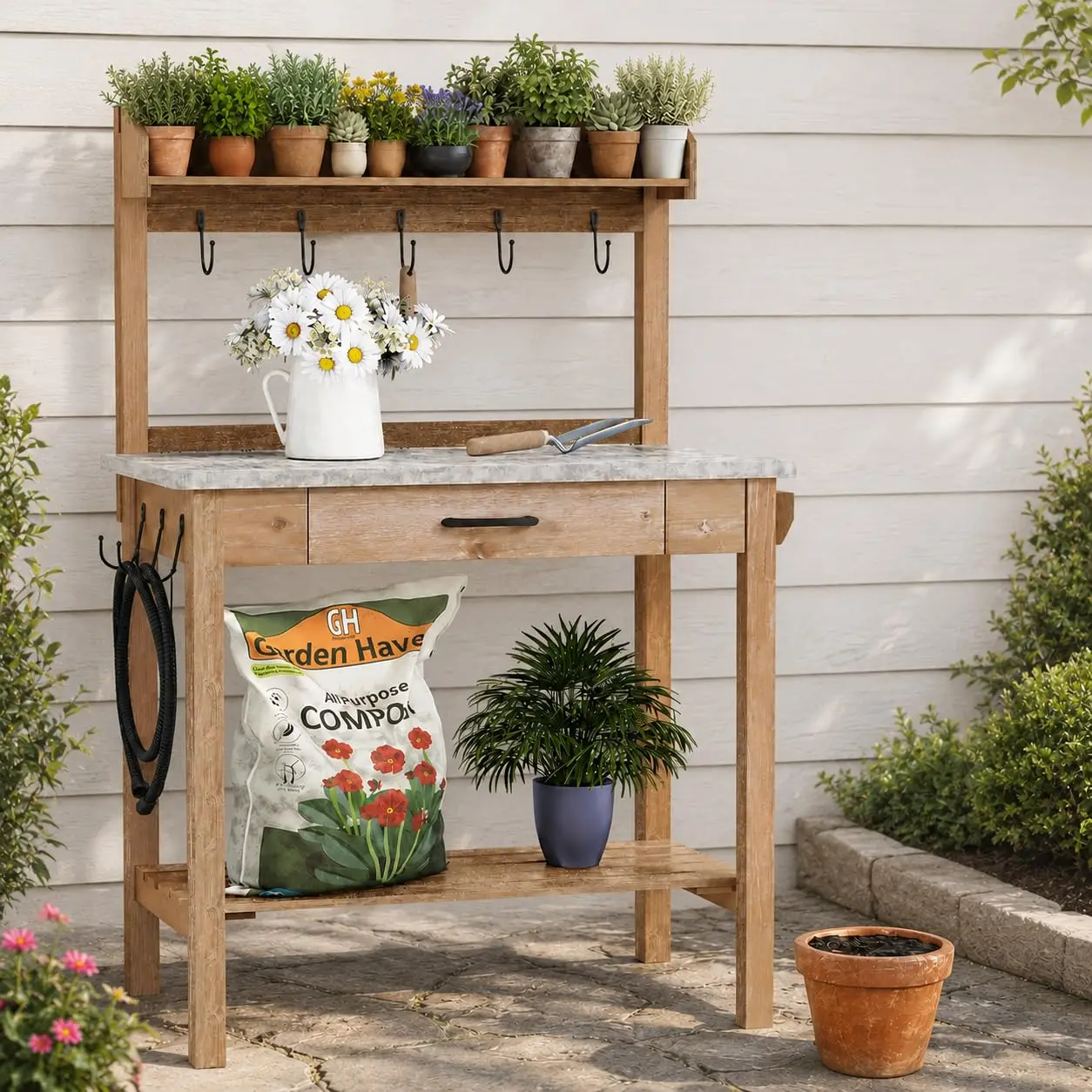 Potting Bench with Storage Drawer, Metal Tabletop, Removable Shelf & 3 Hooks, Garden Work Table , Customized