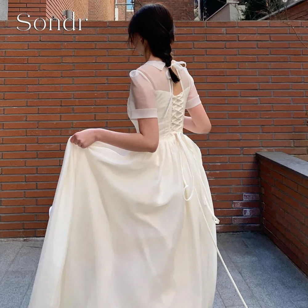 Sondr Maßgeschneiderte, bezaubernde koreanische Hochzeitskleider mit Illusions-Korsett-Rücken, Brautempfangskleid, Abendkleid mit kurzen Ärmeln