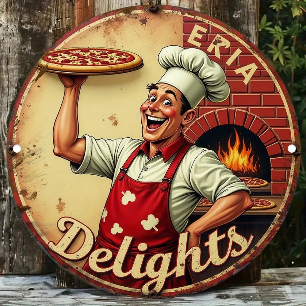 لافتة قصدير معدنية كلاسيكية مبتكرة ثنائية الأبعاد "Happy Chef Holding Delicious Pizza" - فن القصدير لديكور المنزل، فن جداري ممتع | مناسبة للمنزل #1