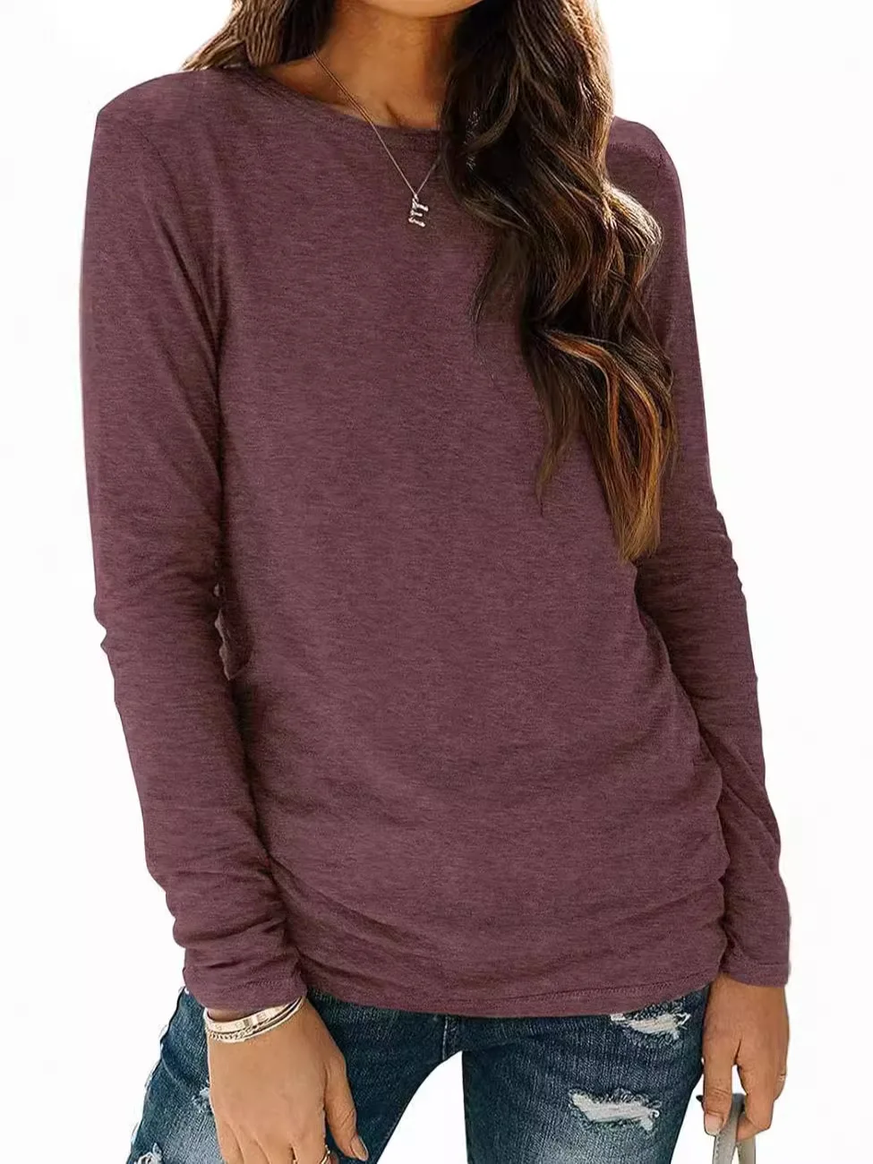 

Vintage Women's Cotton Stretch Loose Long Sleeve Top Casual Solid Round Neck Base Shirt Male Clothing Tee Tops