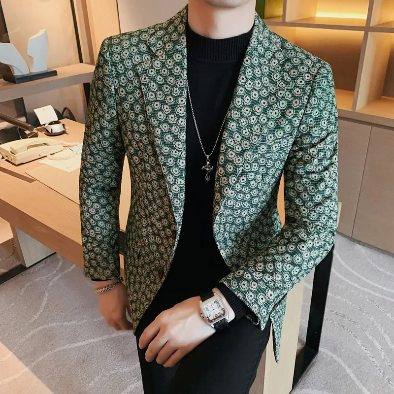 

Brand Men's Clothing Jacquard Suit Jacket for Men Autumnn Fashion Slim Fit Casual Business Blazers Wedding Social Dress Coats