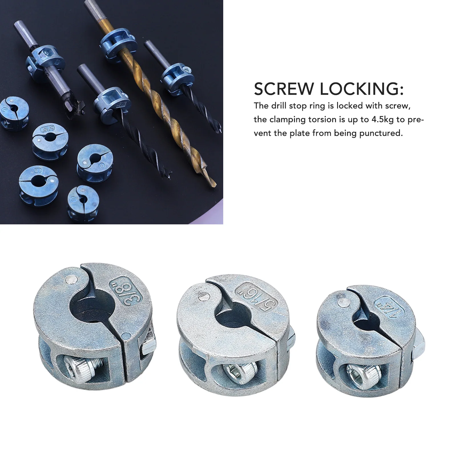 Collares de tope de broca de 3 piezas, aleación de Zinc, anillos de tope de profundidad de perforación con llave hexagonal tipo abierto