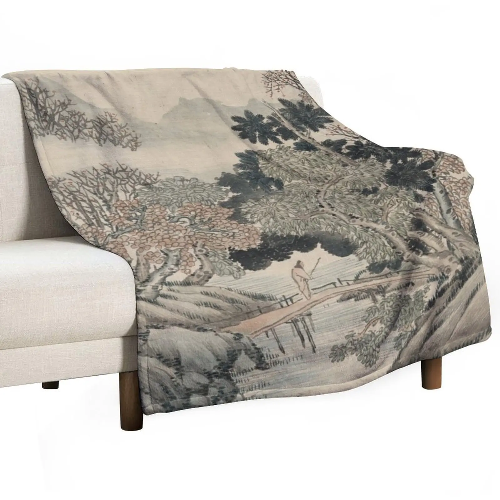 Vintage Japanese Landscape Painting Throw Blanket Loose Heavy Soft Plaid Blankets