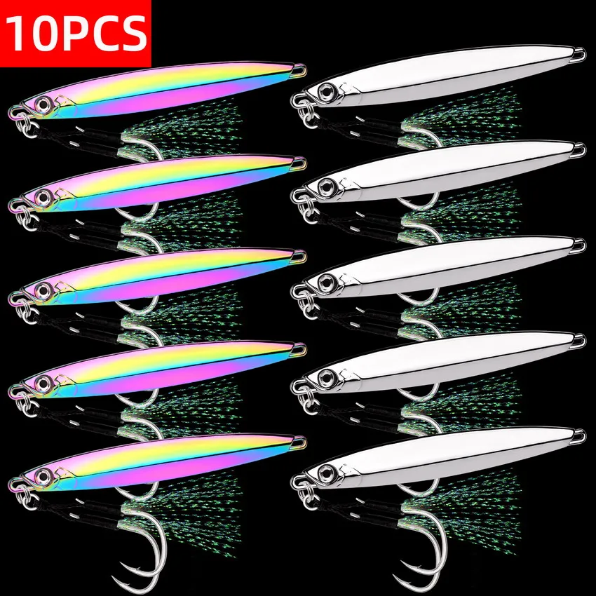 10pcs Metal Jig Kit Shore Jigging Sea Fishing Slow Jig Lifelike Metal Jigging Slow Jigging Spoon Electroplated Artificial Bait