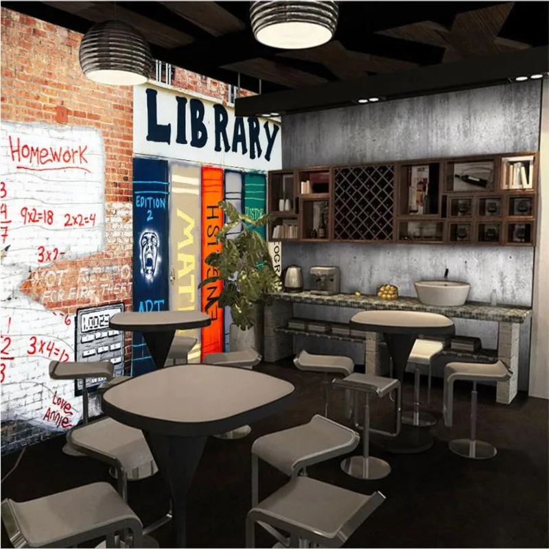 European and American Hand-painted Graffiti Art Library Theme Mural Wall Paper 3D Bar Restaurant Industrial Decor Wallpaper 3D