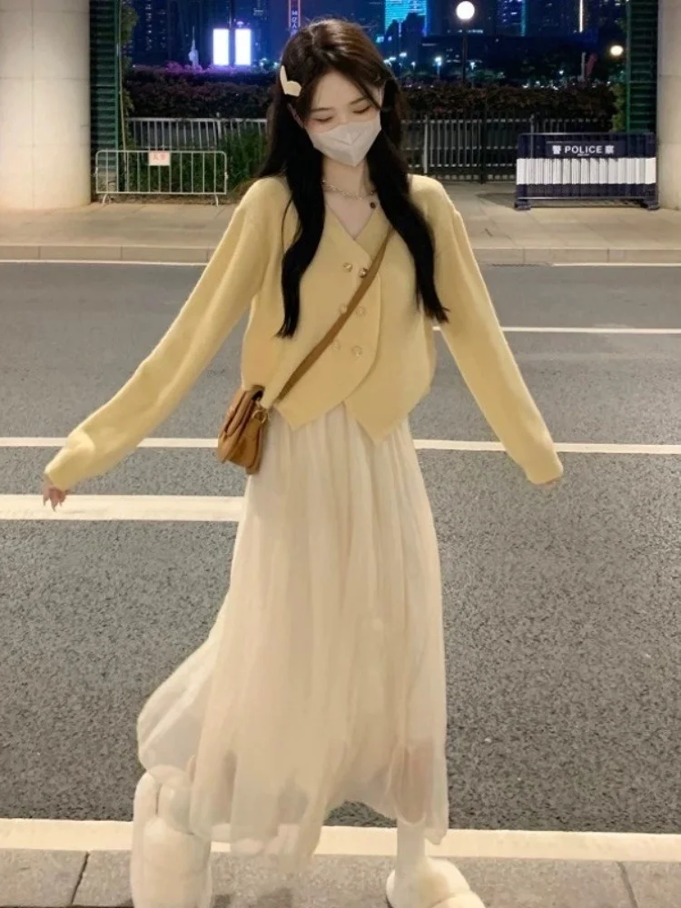 ort محبوك سترة المرأة f تنورة مطابقة تصميم ناعم غير متناظرة سترة مفتوحة الخريف الشتاء Thiened طويلة Sve... #5