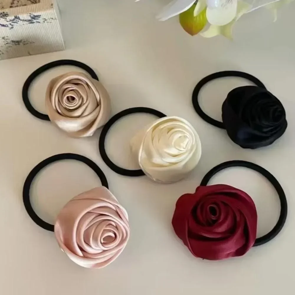 Rose Flower Head Rope French Style Retro Gentle Large Flower Intestine Hair Ring Artistic Satin Gloss Hair Scrunchies Woman