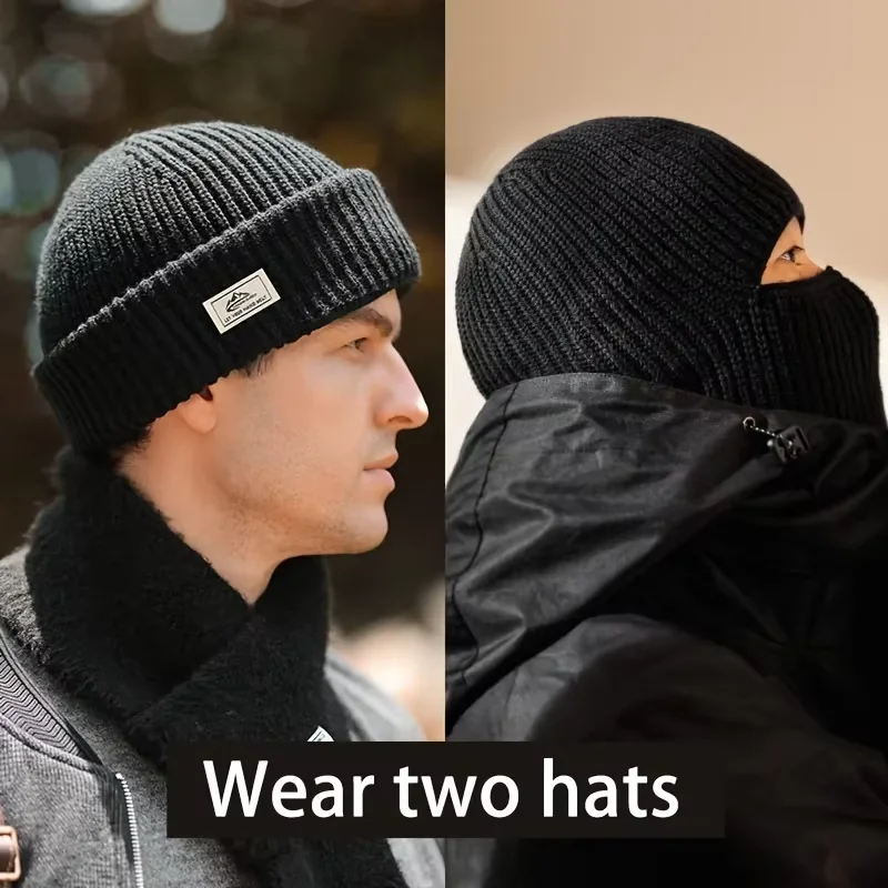 2-in-1 Winter Knitted Balaclava Cap Windproof Warm Ski Beanie Tactical Cycling Running Earmuffs Full Face Mask Men Women