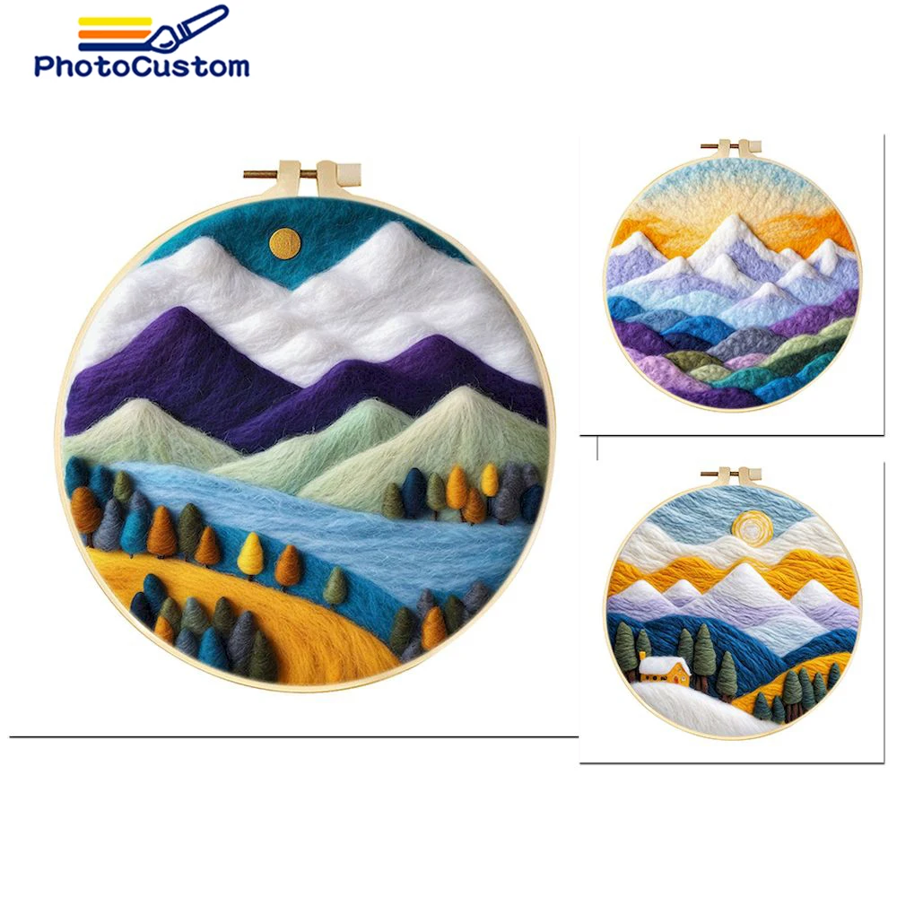 

PhotoCustom DIY Wool Felting Painting Set Embroidery Mountain Landscape Needle Wool Painting Handiwork Home Decoration Gift