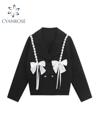 Women Vintage Gothic Black Long Sleeve Bow Blazer Coat Fashion Streetwear Harajuku Loose Suit Jacket Outerwear Top Clothes 2024