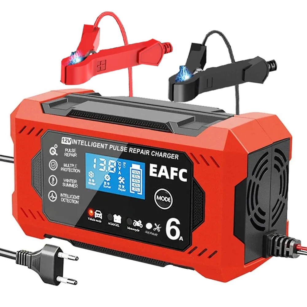 6A 12V Intelligent Car Battery Charger 8A 12V Car and Motorcycle Battery Charging Unit Lead-Acid Battery Repair LCD Display