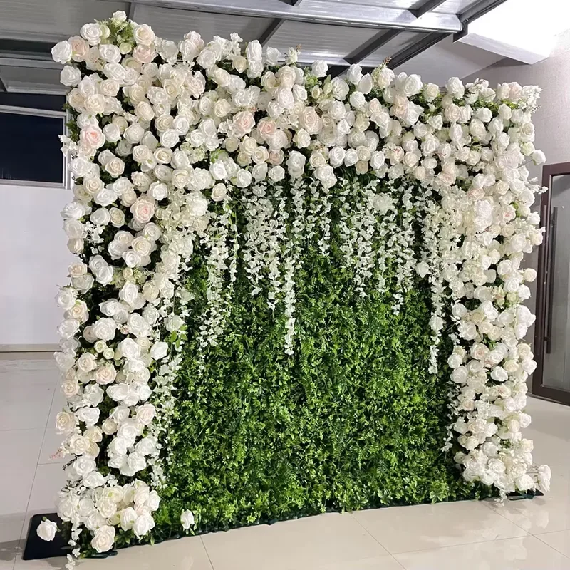 3D White Silk Rose Wall Artificial Flower Background for Wedding Party Decoration High Quality Fake Floral Panel Backdrop