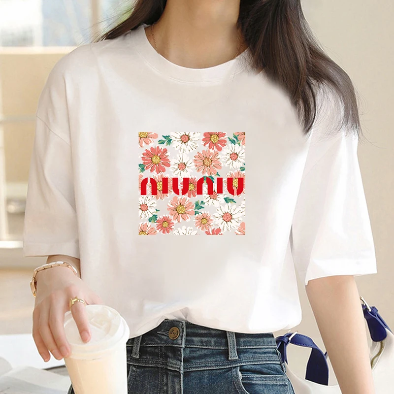 Oversized Luxury Brand Flower Graphic Tshirt Female Summer Casual T-Shirts For Women's Girls Streetwear Short Sleeve Tee Shirt