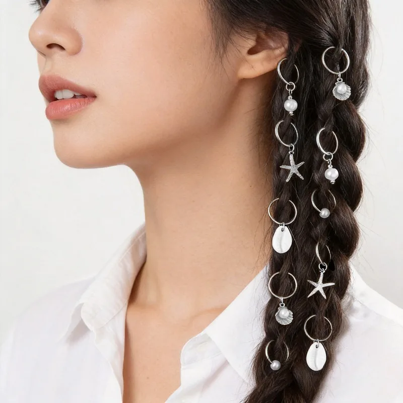 10PCS/set Sea Shell Braided Hair Rings Bohemian Vacation Style Hair Buckle Hip Hop Dirty Braid Personalized Casual Hair Clip