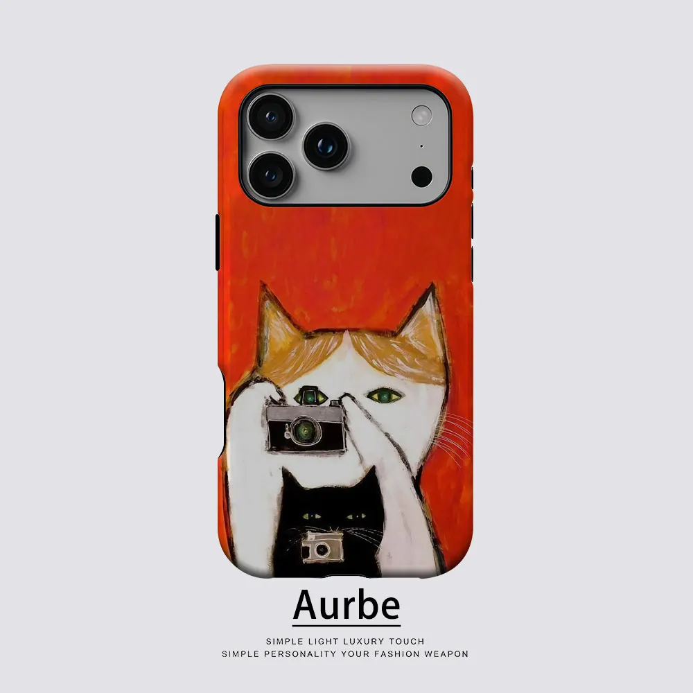 Aurbe Matte 2-in-1 Film Magsafe Hülle für iPhone 17 16 15 14 Plus 17 Pro Max Stoßfeste Hartschale mit Katzen-Fotografie-Kunst-Design