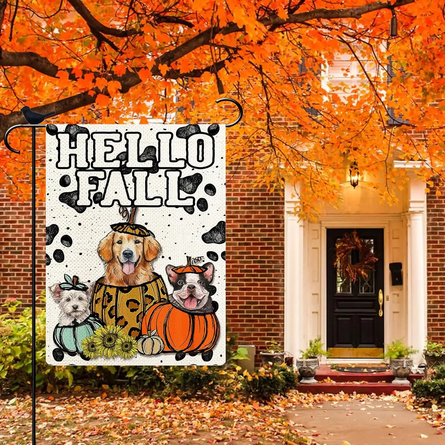 Hello Fall Dog Pumpkin Garden Flag Leopard print Pumpkin Garden Flag Vertical Double Sided Yard Lawn Outdoor Decor Fall 12.5 x 1