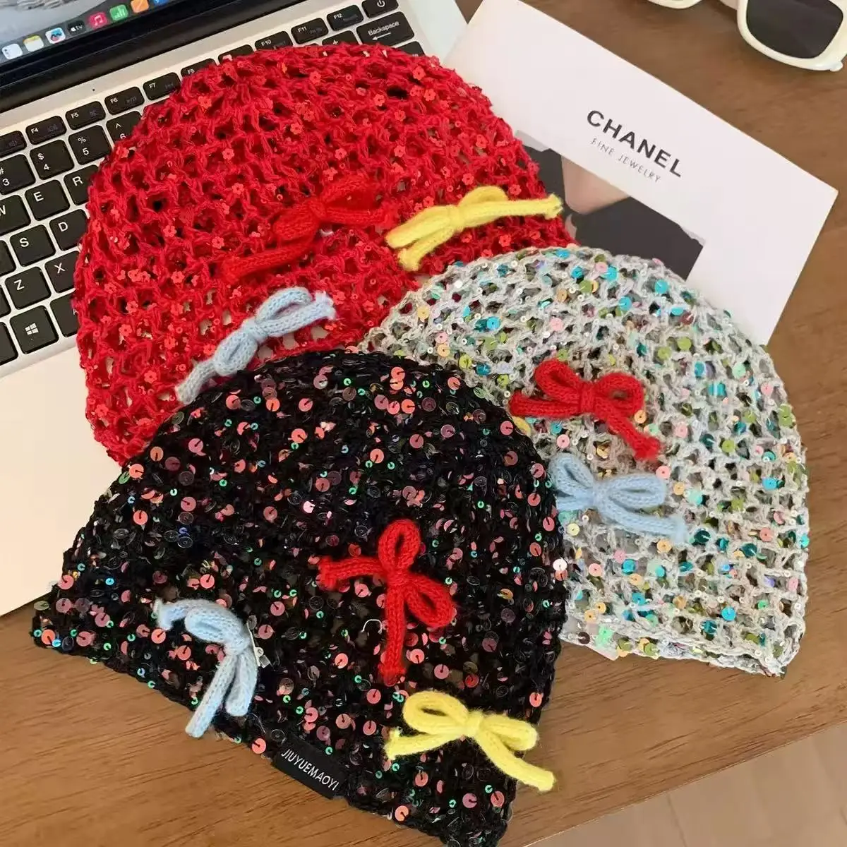 Cute and Colorful Crocheted Bow Hat Sequined Knit Mesh Headband  Y2K-Style Headwear for Music Festivals and Street Style