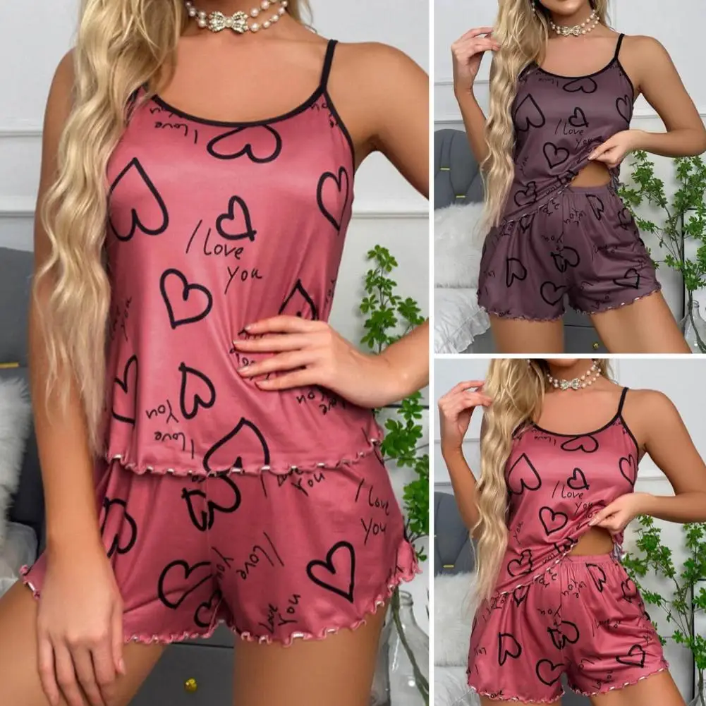 

Summer Pajama Set Chic Women's Pajama Set Heart Print Sleeveless Top Elastic Waist Shorts Comfortable Homewear for Summer Women