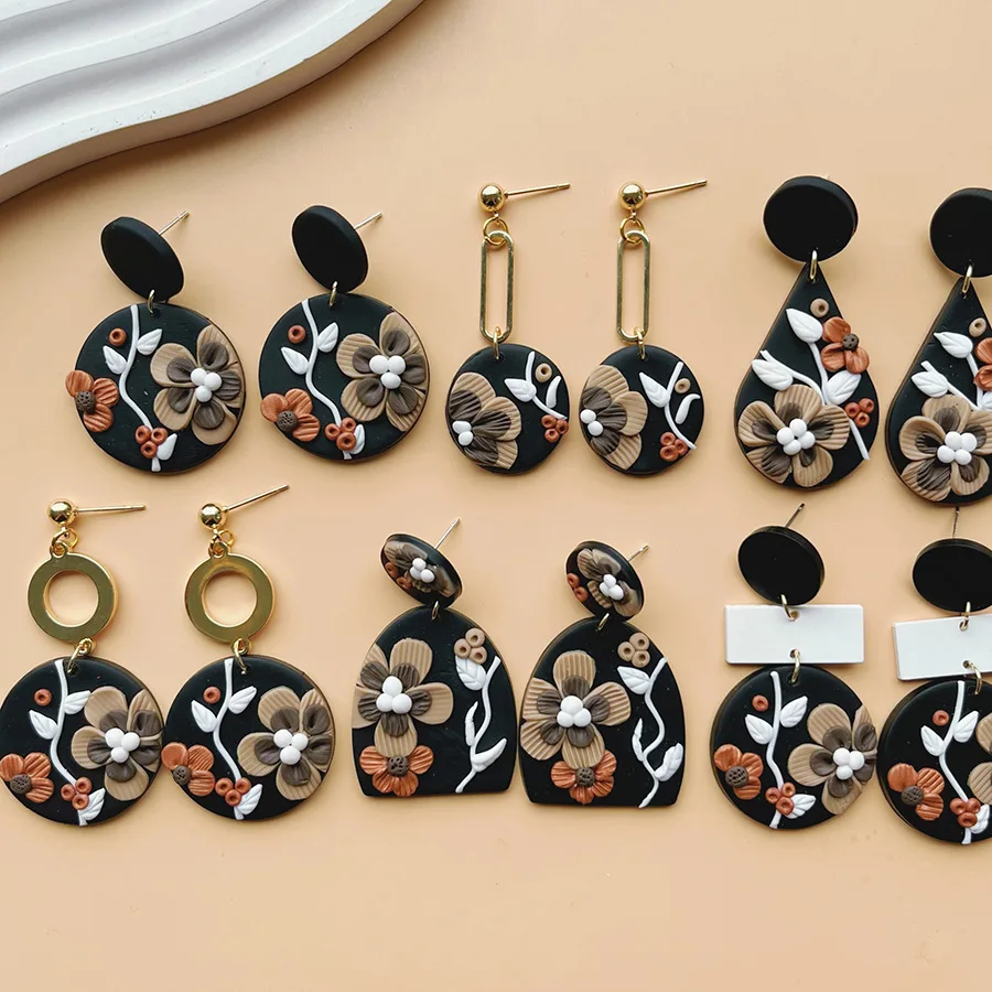 Japanese and Korean new niche design printed earrings women's handmade soft pottery geometric earrings literary and retro stud e
