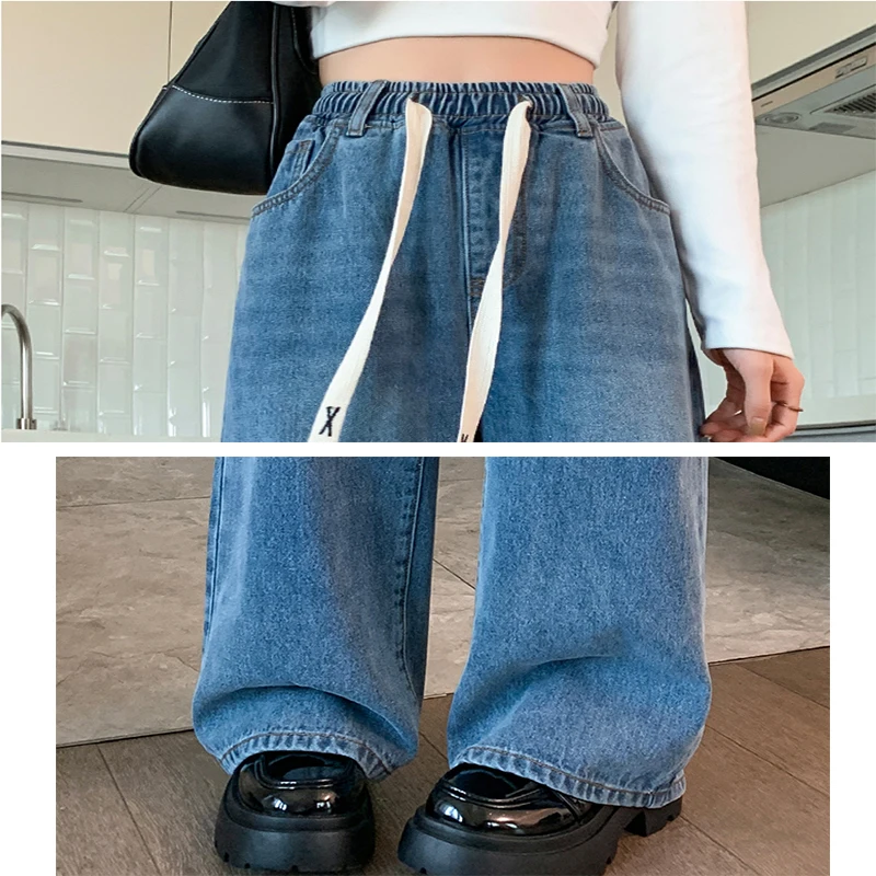 L-6XL プラスサイズの女性のジーンズ春 2025 ハイウエストストレートルーズブルージーンズズボンワイドレッグ巾着大きいサイズのジーンズ女性