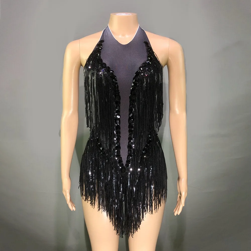 

Dance Sexy Shiny Rhinestone Stretch Sequins Tassel Onesie Stage Costume Female Vestido De Fiesta Vestidos Invitada De Boda Mujer