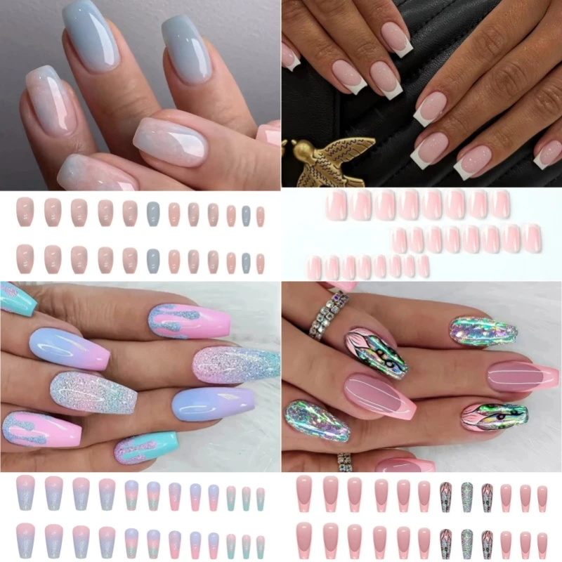 

96Pcs/Set Long French Fake Nail Tips Removable Ballerina Wearing False Nails Art Artificial Acrylic Press on Nail Art Stickers