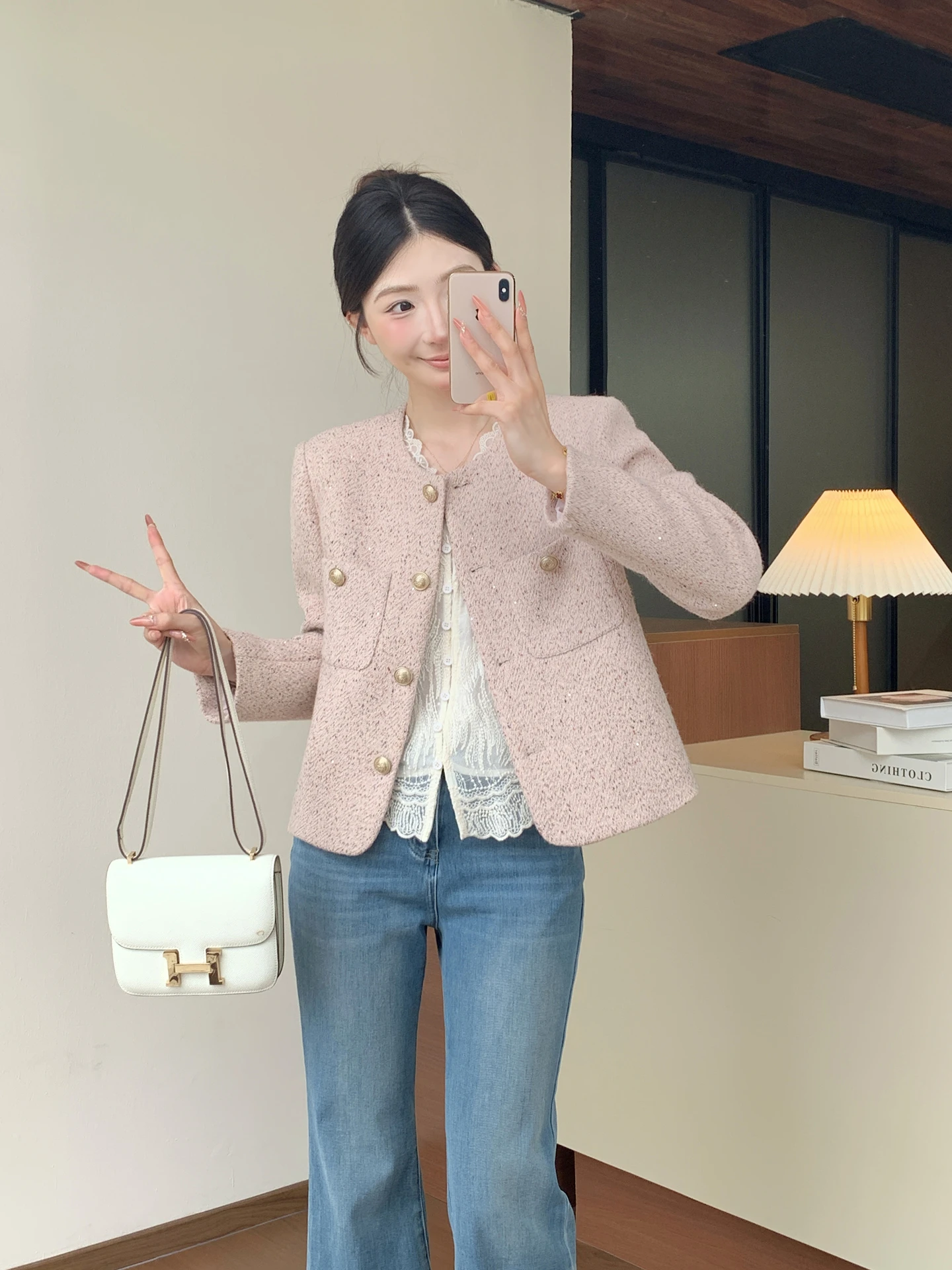 

Spring New Arrival ort Woolen Jaet Women's Faion Pink Versatile Korean Sle Megua Brand Busin Office Wear