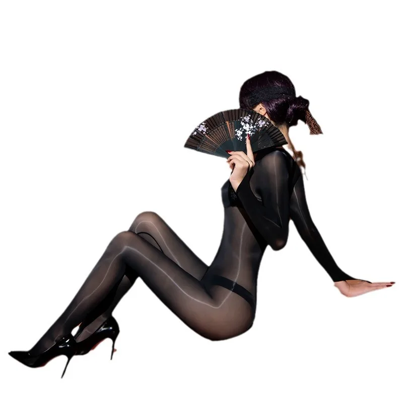 Sexy Oil Glossy Body Bodystocking Close Open Crotch Bodysuit Tight Sexy Transparent Lingerie Leotard Conjoined Unitard Catsuit