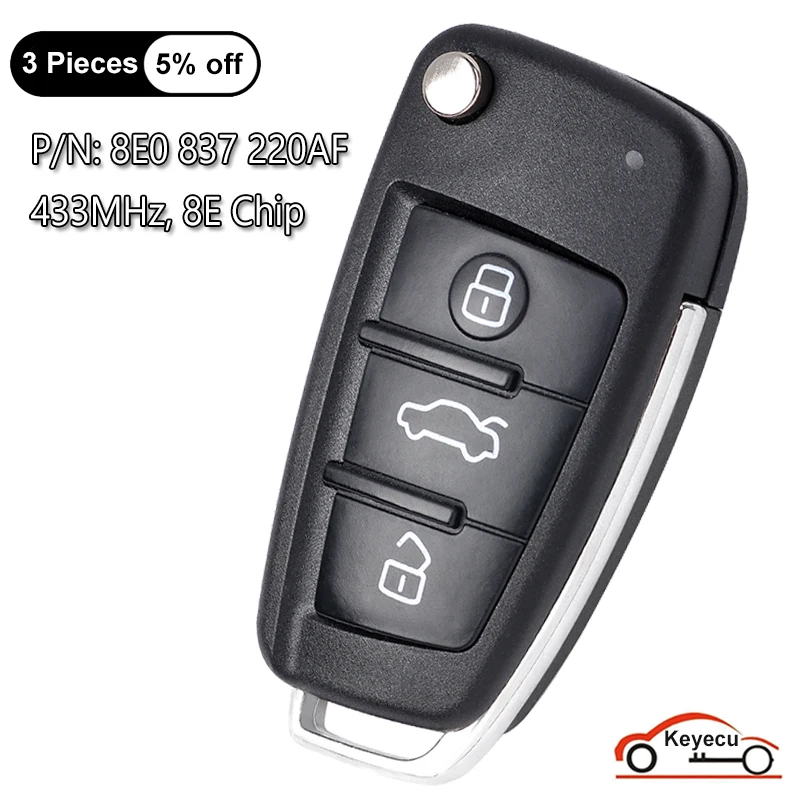 

KEYECU 3 Buttons 433MHz 8E Chip for Audi A6 S6 2004 - 2010, Q7 2006 - 2015 Flip Remote Car Key Fob 8E0 837 220 AF, 8E0837220AF