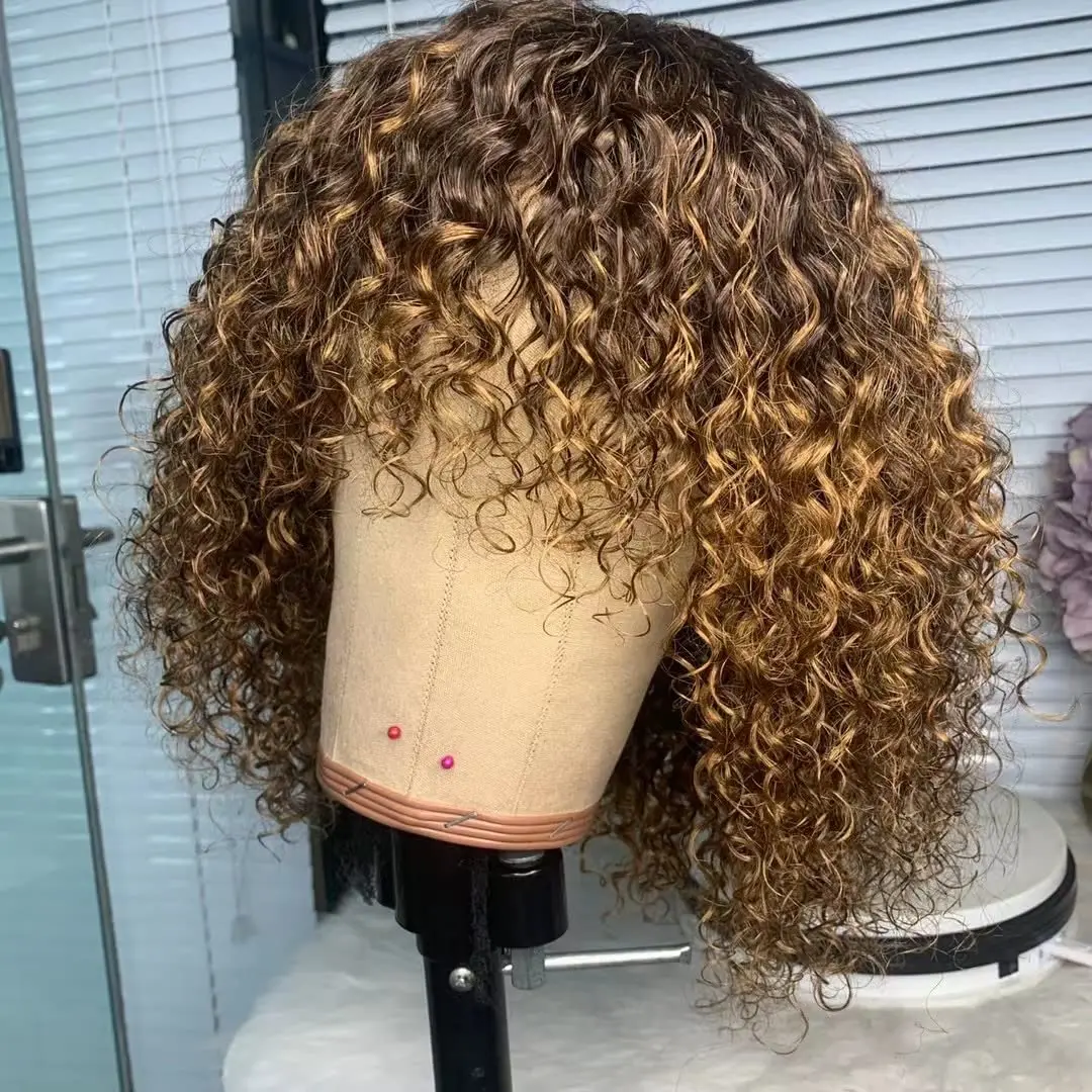 

Blonde Highlight Short Bob Curly Human Hair Wigs with Bangs P4/27 Wear and Go Glueless None Lace Front Human Hair Wigs for Women