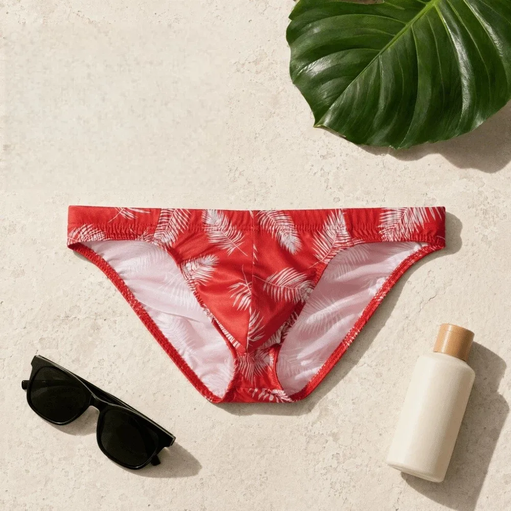 Simple Low Waist Men Briefs Stretch Fashion Palm Leaves Pattern Panties Moisture Wicking Breathable Underwear Gifts
