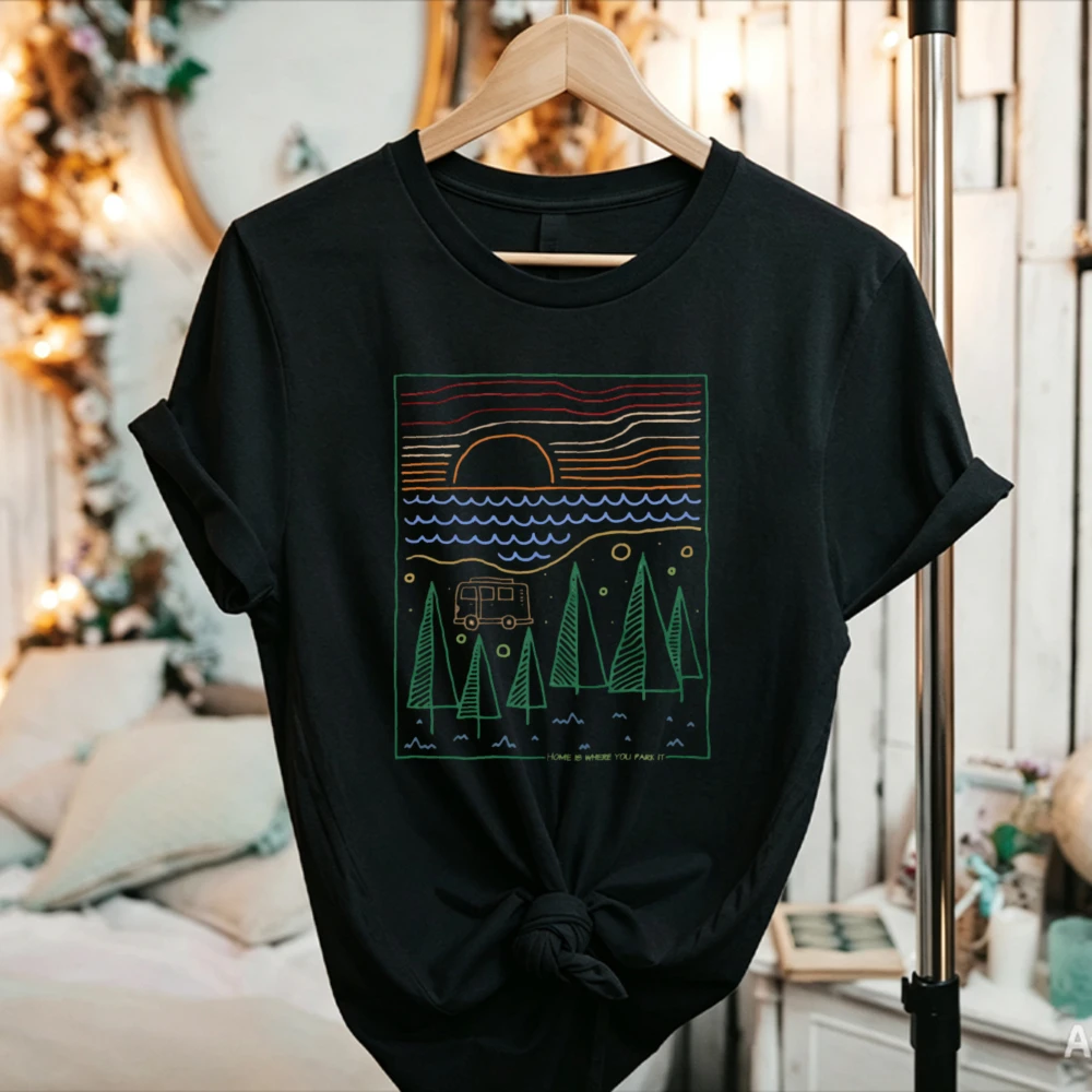 Women Minimalist Line Art RV Camping Cotton T Shirt Home Is Where You Park It Outdoor Graphic Casual Short Sleeve Tee Travel Top