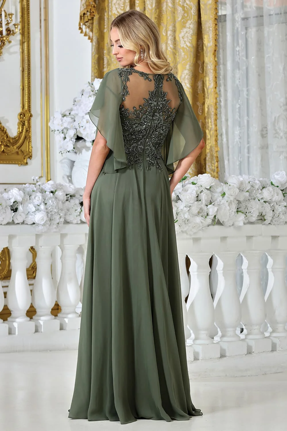Customized A Line Chiffon Mother of Bride Dress V Neck Flutter Sleeve Lace Appliques Beaded Formal Evening Wedding Party Gown