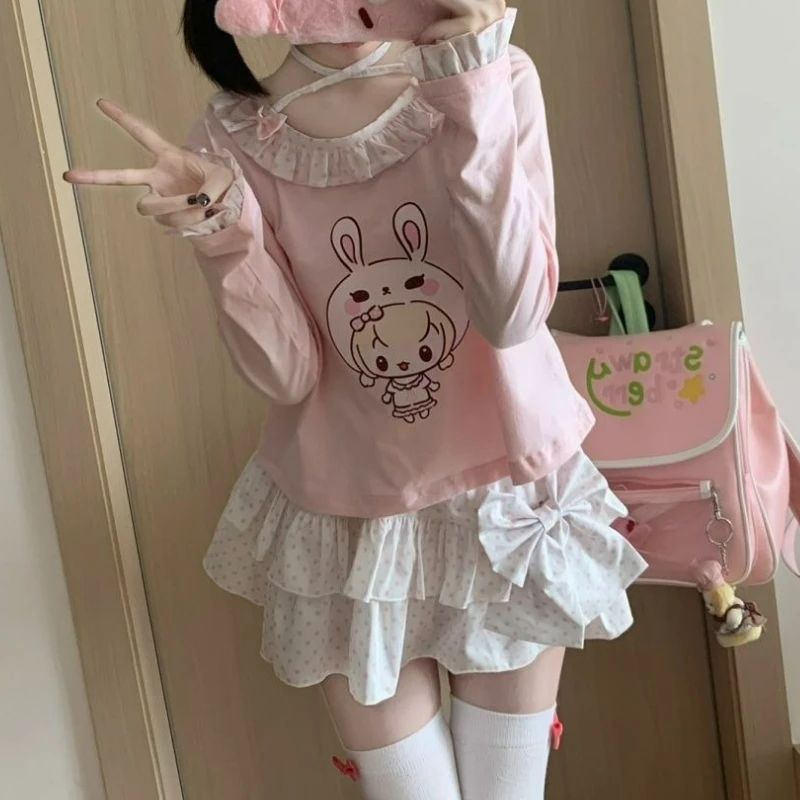 

Японские милые комплекты юбок в стиле Лолиты, женские кавайные футболки с мультяшным кроликом, топ, мини-юбки с бантом и принтом в горошек, милый костюм Y2k
