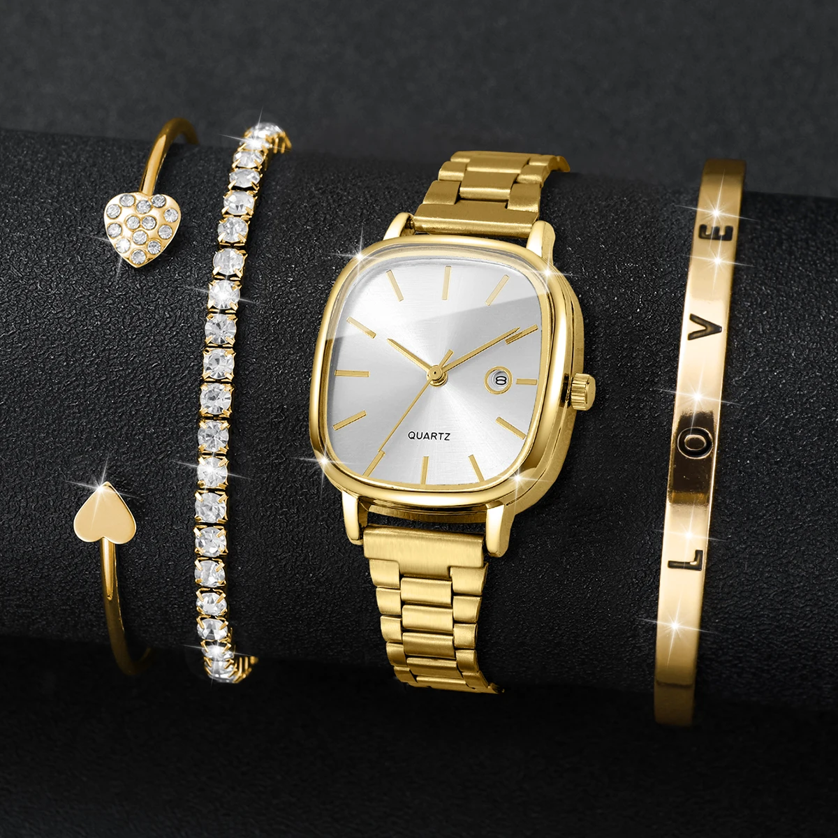 4 unids/set reloj de regalo para mujer conjunto de pulsera cuadrado escala Simple calendario Dial elegante exquisito reloj de cuarzo de moda (sin caja)