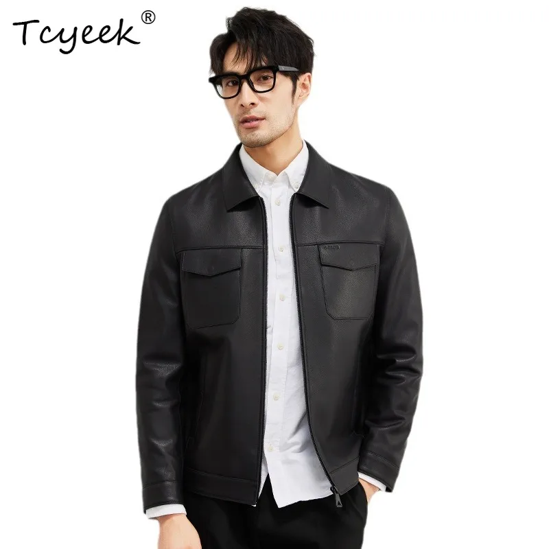 

Tcyeek Real Top Layer Sheepskin Spring Autumn Trendy Lapel Solid Color Men Genuine Leather Jacket Jaqueta De Couro Masculina