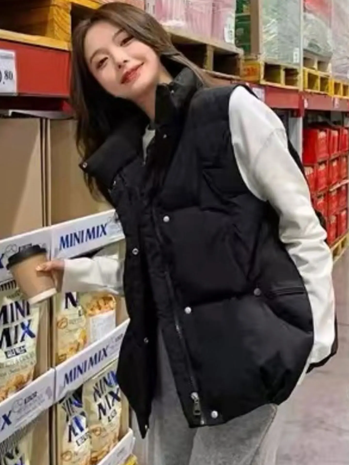 여학생을 위한 한국 슬레 티엔드 다운 코튼 조끼 루즈핏 스탠드 칼라 자켓 중학생 및 고등학생에게 적합