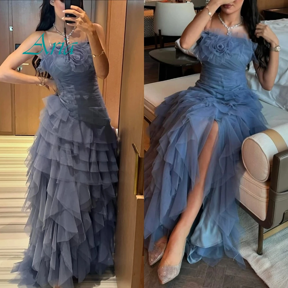 

Customized Modern Strapless Sleeveless Evening Dress High Quality Tulle Homecoming Dresses Delicate Blue Ruched Party Gowns