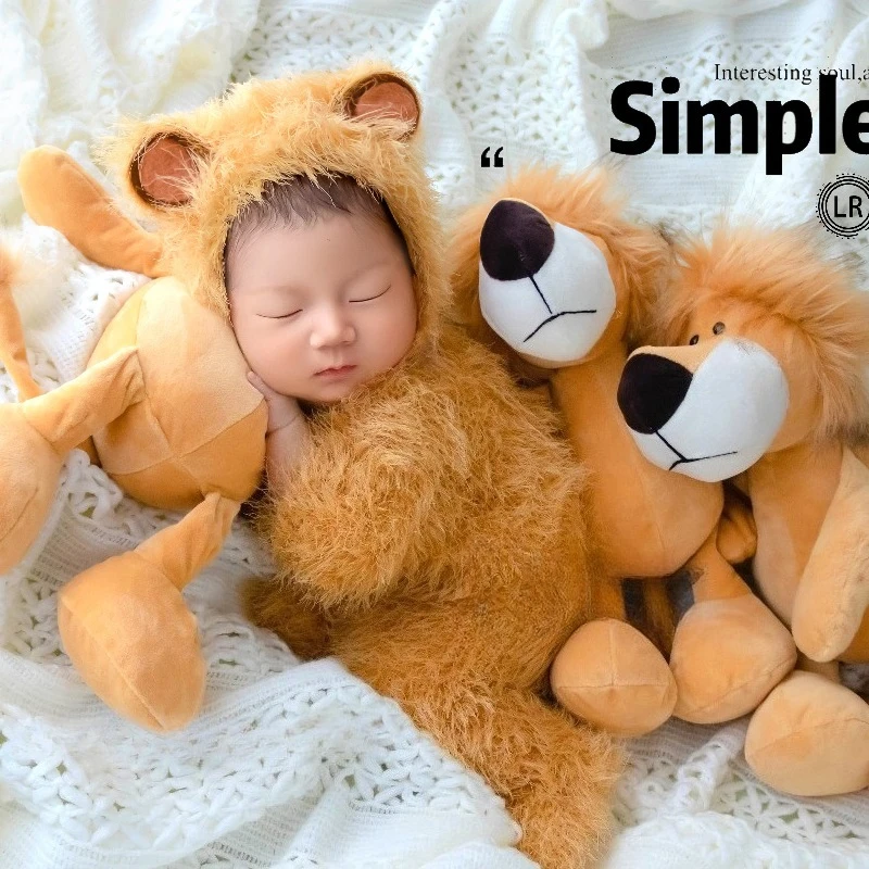 Newborn Photography Props Cute Lion Animal Theme Set White Blanket Handmade Knitted Outfit Doll Decor Accessories for Photoshoot