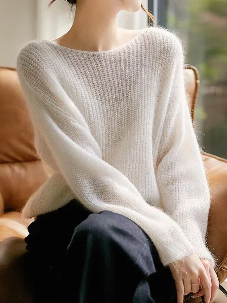 Elegant See-through Women Sweater Pullover Loose  Autumn Winter Soft Warm Women Knitwear Sweater Basic Solid Cashmere Tops