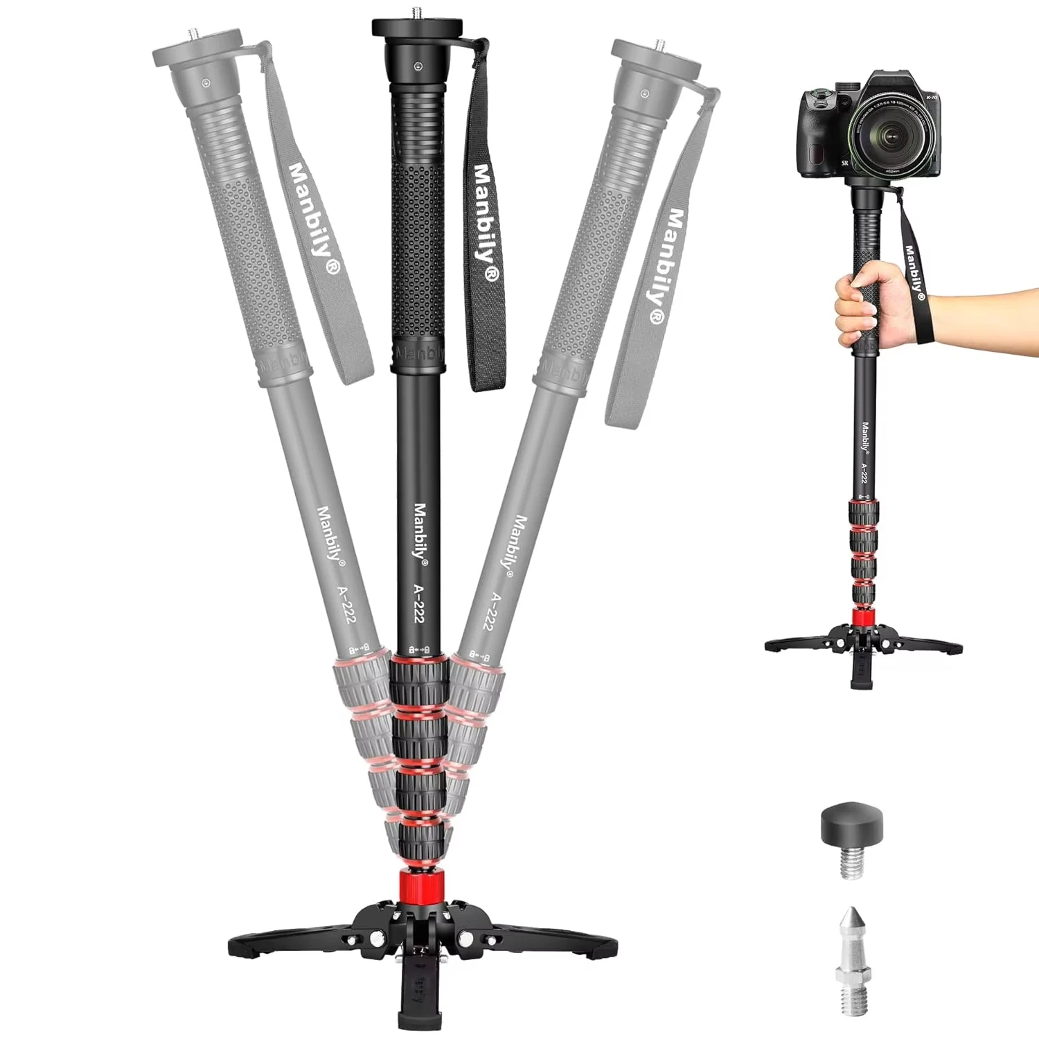 Monopié Extensible para Cámara Manbily A222Pro, Monopié de Viaje Portátil de Aluminio con Base de Trípode Extraíble para DSLR