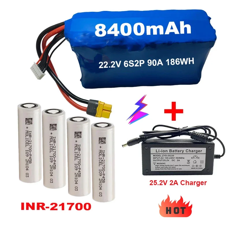 22.2V Drone Lithium Battery Pack -40℃ 21700 6S2P 8400mAh RC Car Agricultural Spraying Model Aircraft Battery for Taiwan Molicel